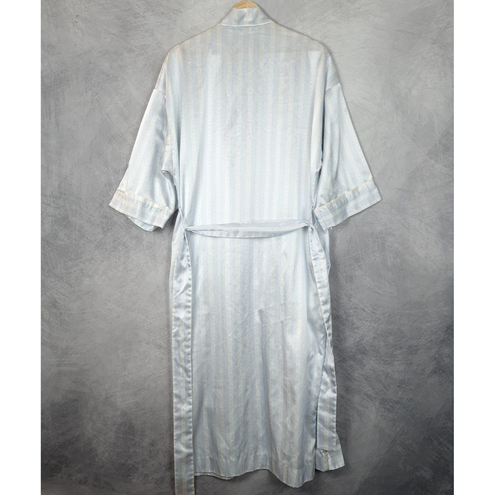 Vintage Christian Dior Robe Womens Large Blue Satin Kimono Striped Logo Belted - Picture 12 of 16